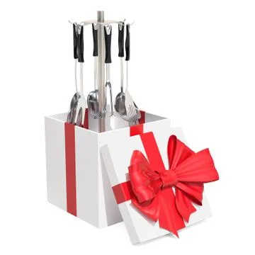 Gift concept. Kitchen utensils with stand inside gift box, 3D rendering イラスト素材