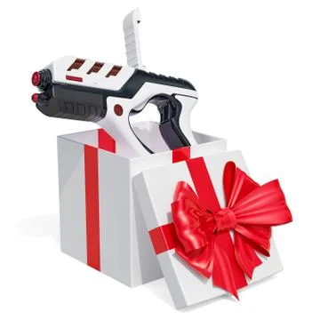 Gift concept. Portable virtual AR game gun inside gift box. 3D rendering Stock Illustration