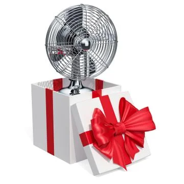 Gift concept. Table fan inside gift box. 3D rendering Stock Illustration
