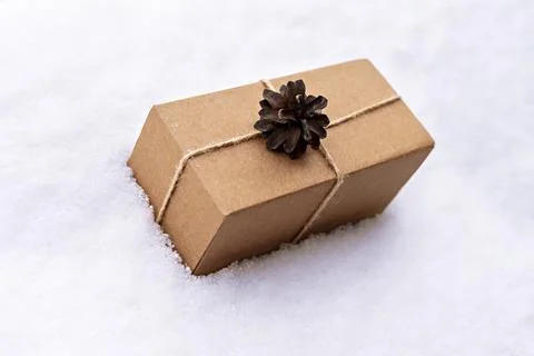Gift in craft box decorated with pine cone on white snow, eco friendly concept Stock Photos