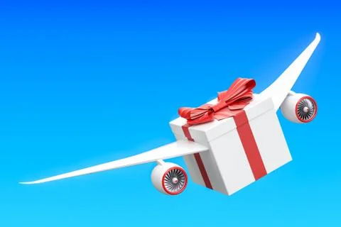 Gift delivery concept. Gift box with wings flying in the sky, 3D rendering Stock Illustration