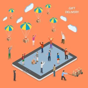 Gift delivery flat isometric vector illustration. Stock Illustration