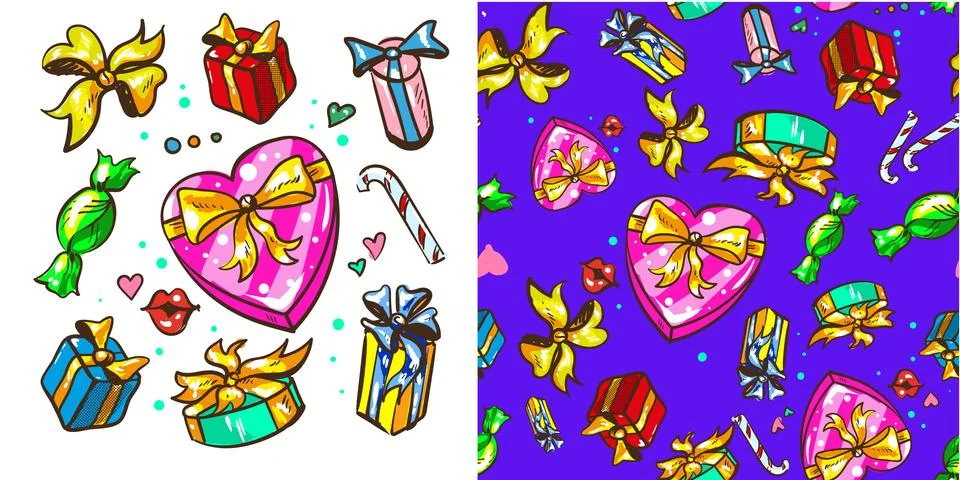 GIft elements and seamless texture pattern holidays christmas new year design Stock Illustration