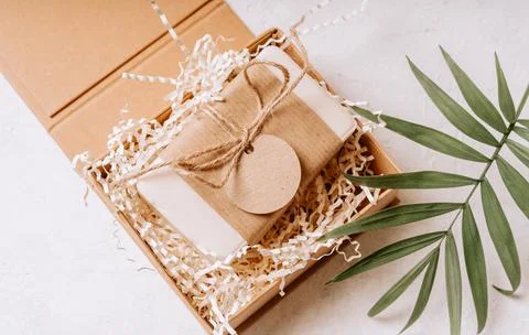 Gift with empty mockup tag Stock Photos