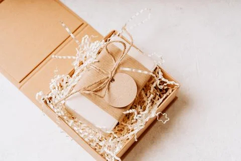 Gift with empty mockup tag Stock Photos