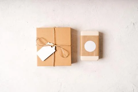 Gift with empty mockup tag Stock Photos