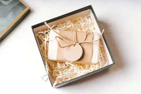 Gift with empty mockup tag Stock Photos