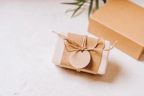 Gift with empty mockup tag Stock Photos