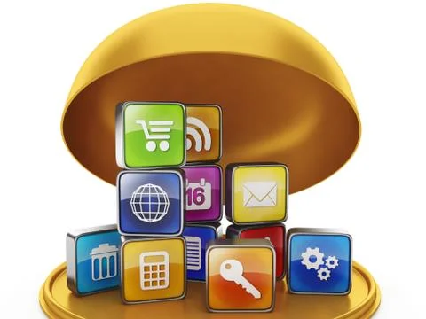 Gift in the form of mobile applications. tray and a group of mobile icon Stock Illustration