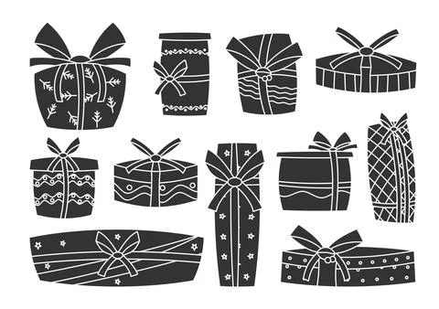 Gift glyph boxes present ribbon bows vector set Stock Illustration