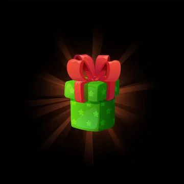Gift green box decorated with pattern stars and red bow vector illuminating icon 스톡 일러스트