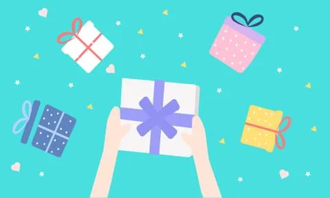 Gift in hand on a blue background, top view, vector graphics Stock Illustration