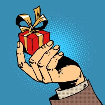 Gift in his hand a small box pop art comics retro style Halftone Stock-Illustration