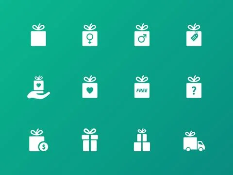 Gift icon set on green background. Stock Illustration