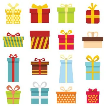 Gift icons and Present boxes in cartoon flat style Stock Illustration