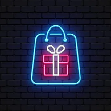 Gift neon on light background. Gift box. Happy Birthday concept. Outer glowing Illustrazione stock