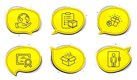 Gift, Open box and Parcel checklist icons set. Elevator sign. Marketing box Stock Illustration