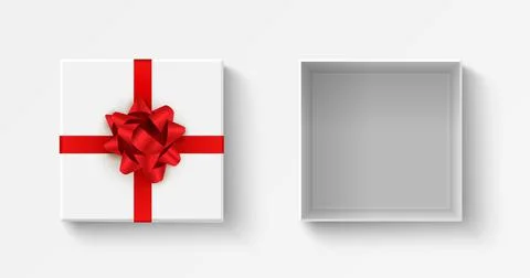 Gift open box top view. Celebration prize square box with red bow. realistic Stock Illustration