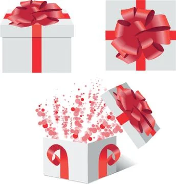 Gift in an opening box with a bow. Confetti fly out of the box. Stock Illustration
