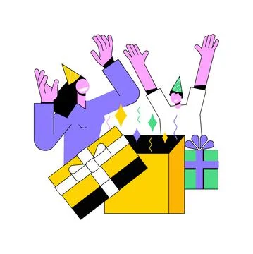 Gift-opening party abstract concept vector illustration. Illustrazione stock