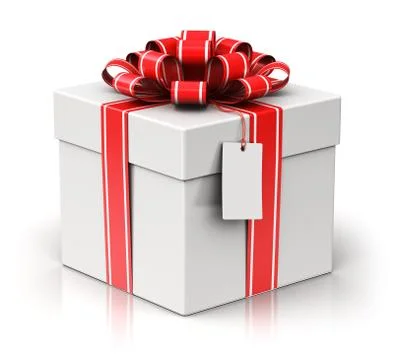 Gift or present box with ribbon bow and label tag Illustrazione stock