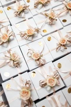 Gift or present boxes with with flowers and ribbons Stock Photos