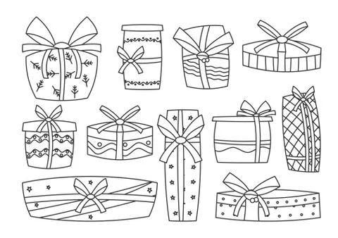 Gift outline boxes present ribbon bows vector set Stock Illustration
