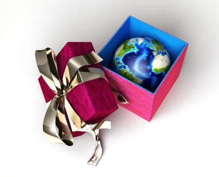 Gift package, with ribboned open cup, with planet earth inside, viewed from a Stock Illustration
