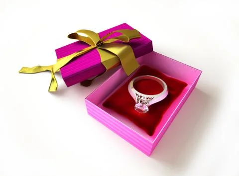 Gift package, with ribboned open cup, with ring and diamond on a pillow, insi Stock Illustration