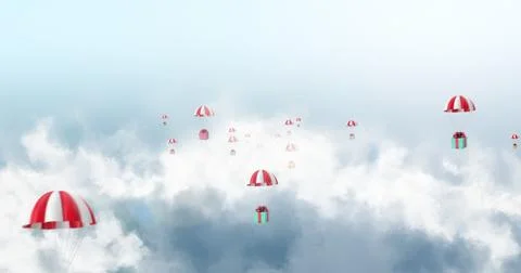 Gift Packages are Flying Over the Clouds by Parachute. Stock Illustration