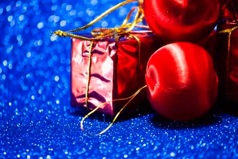 Gift packages on bright blue background Stock Photos