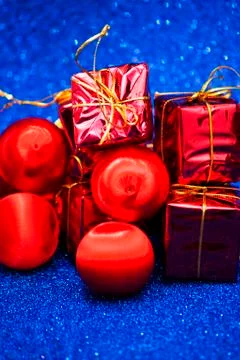 Gift packages on bright blue background Stock Photos