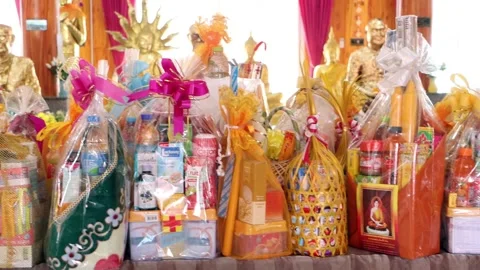 Gift packages for monks in a Buddhist temple Wat Lek Thammakit Video stock 276150270