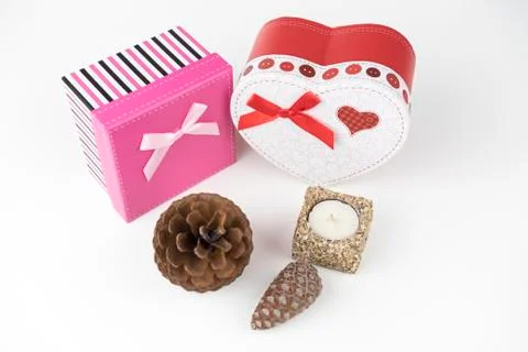 Gift packages, on the white background. Stock Photos