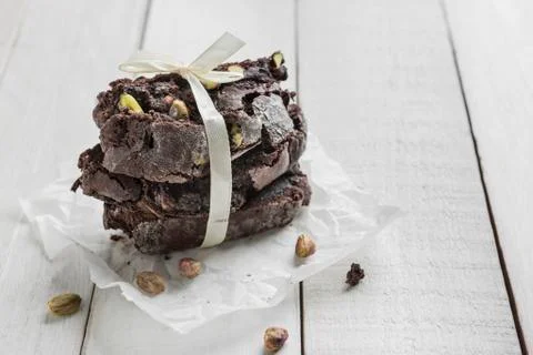 Gift packaging, Biscotti or Cantuccini chocolate with pistachios. Stock Photos