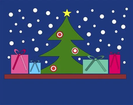 Gift parcel under the Christmas tree, dark blue background with white dots, Stock Illustration
