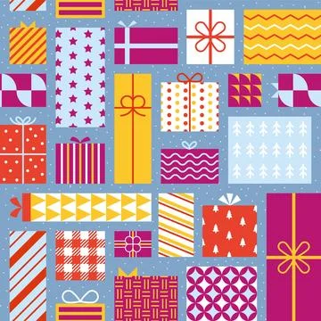 Gift pattern. Box ribbon wrap paper. Xmas or birthday celebration. Winter hol Stock Illustration