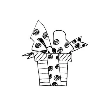 Gift, present box. Doodles, line art, hand drawn. For Christmas, new year, bi Stock Illustration