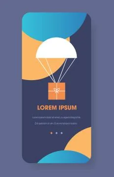 Gift present box falling down with parachute sky transportation shipping air  Stock Illustration