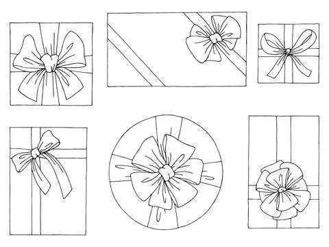 Gift present box top view graphic set black white isolated sketch illustration v Stock Illustration