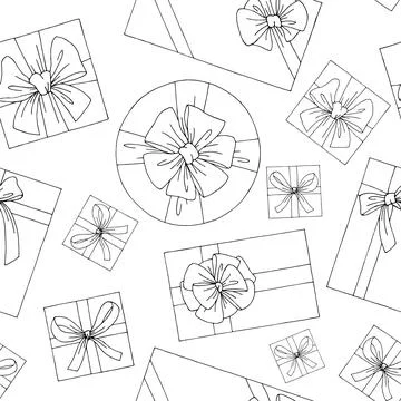 Gift present box top view graphic seamless pattern black white background sketch Stock Illustration