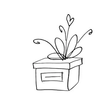 Gift, present box. Vector Doodles, line art, hand drawn. For Christmas, new y Ilustración de archivo