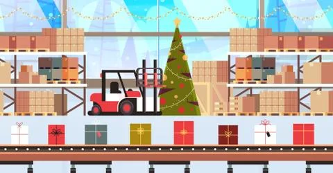 Gift present boxes factory on conveyor belt production process modern warehou Stock Illustration
