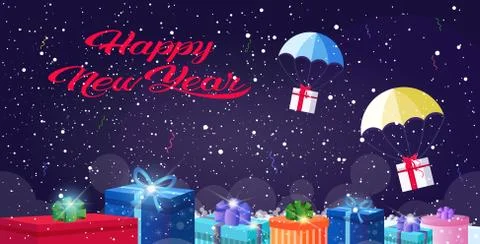 Gift present boxes falling down with parachutes merry christmas happy new yea Stock Illustration