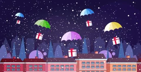 Gift present boxes falling down with parachutes merry christmas happy new yea Stock Illustration