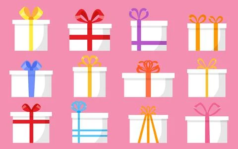 Gift present boxes white with colorful ribbons set Stock Illustration