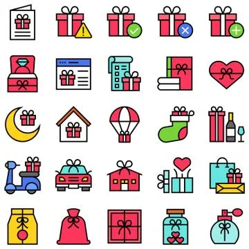 Gift related vector icon set 4, filled style Stock Illustration