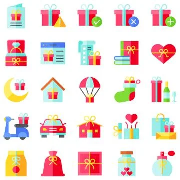 Gift related vector icon set 4, flat style Stock Illustration