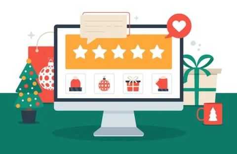 Gift review online on pc computer. Christmas shopping and feedback five stars Stock Illustration