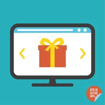 Gift on screen flat vector icon. Illustration for website or mobile applica.. Stock Illustration